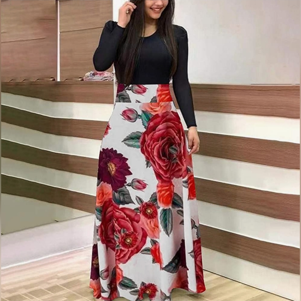 Fashion Women Long Sleeve Floral Boho Print Ladies Casual Swing Long Dress